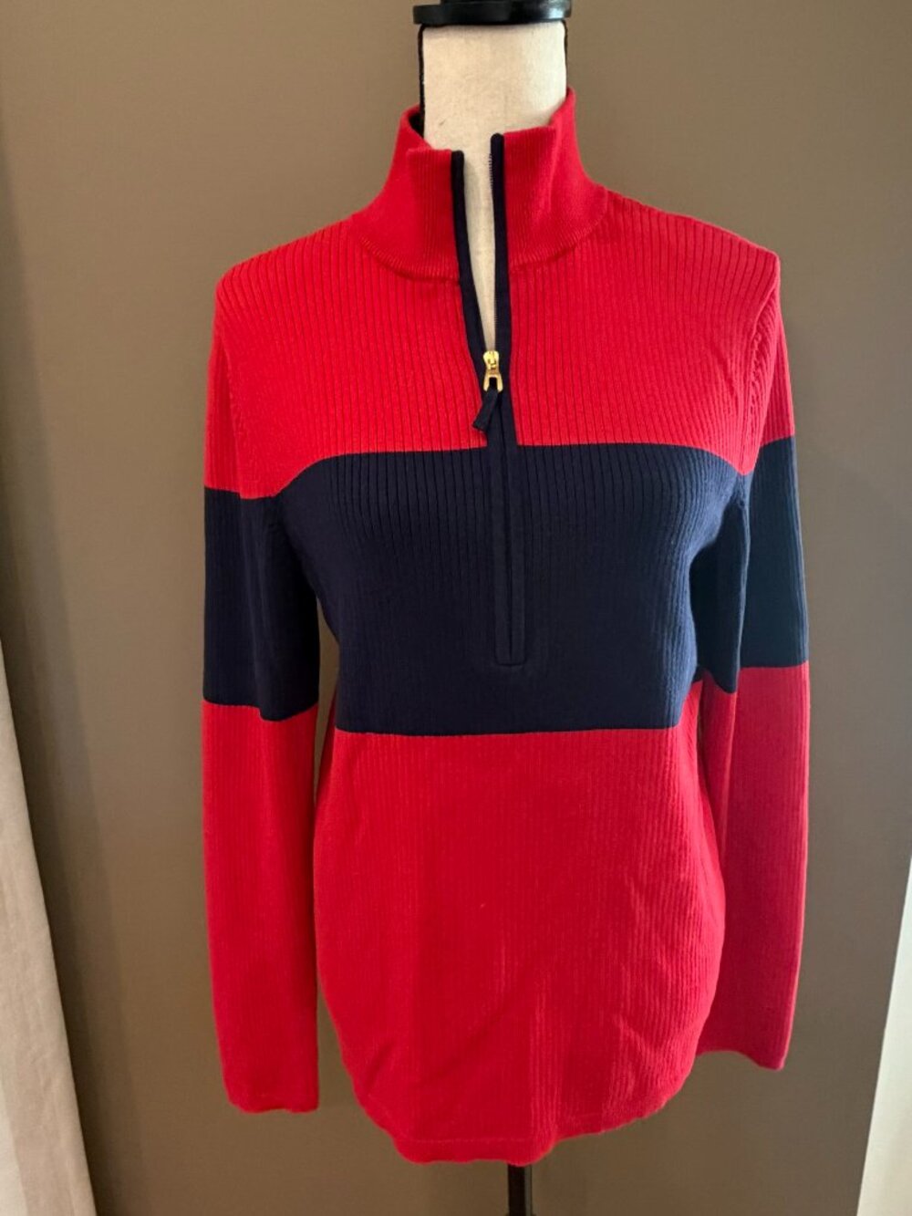 Vintage Y2K Ralph Lauren Red Navy Ribbed 1/4 zip Preppy Sweater, Size XL